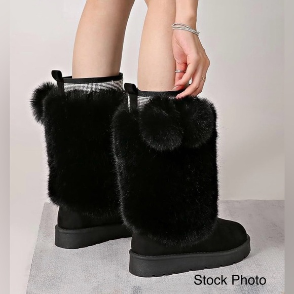 Carlkarida Black Faux Fur/Suede Winter Boots with Bows and Bling • Sz 10 • NWOT - Picture 2 of 16